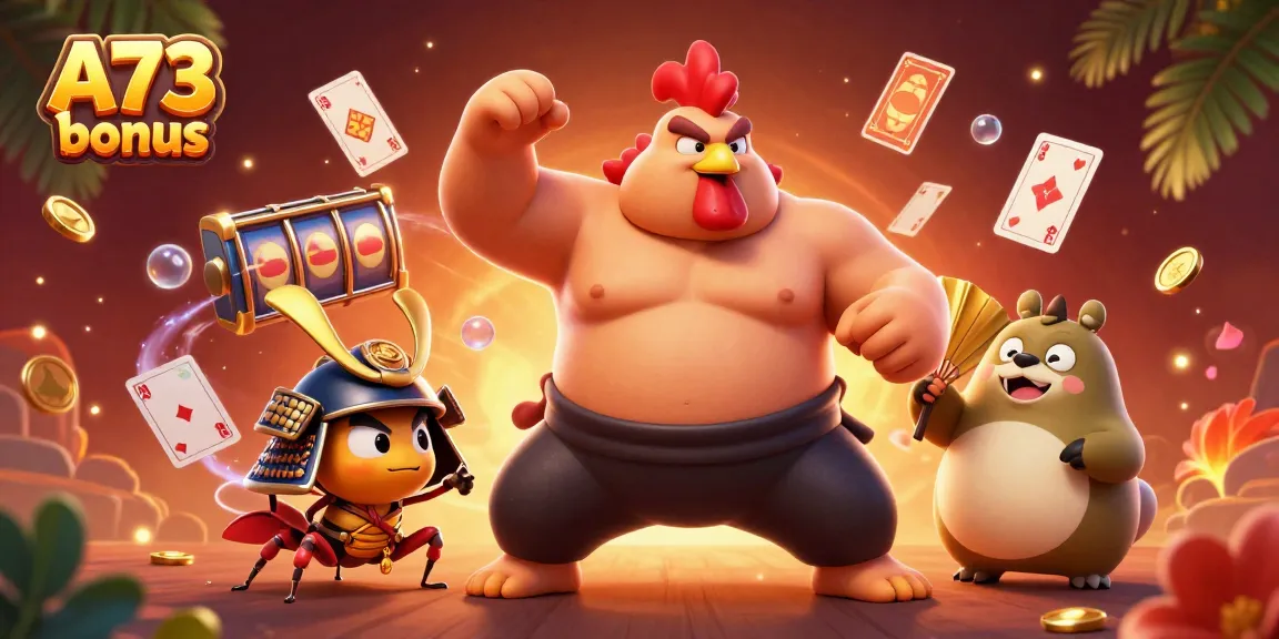 Aproveite o bônus A73 em jogos de cassino, explorando uma cena vibrante de personagens e elementos de jogo.
