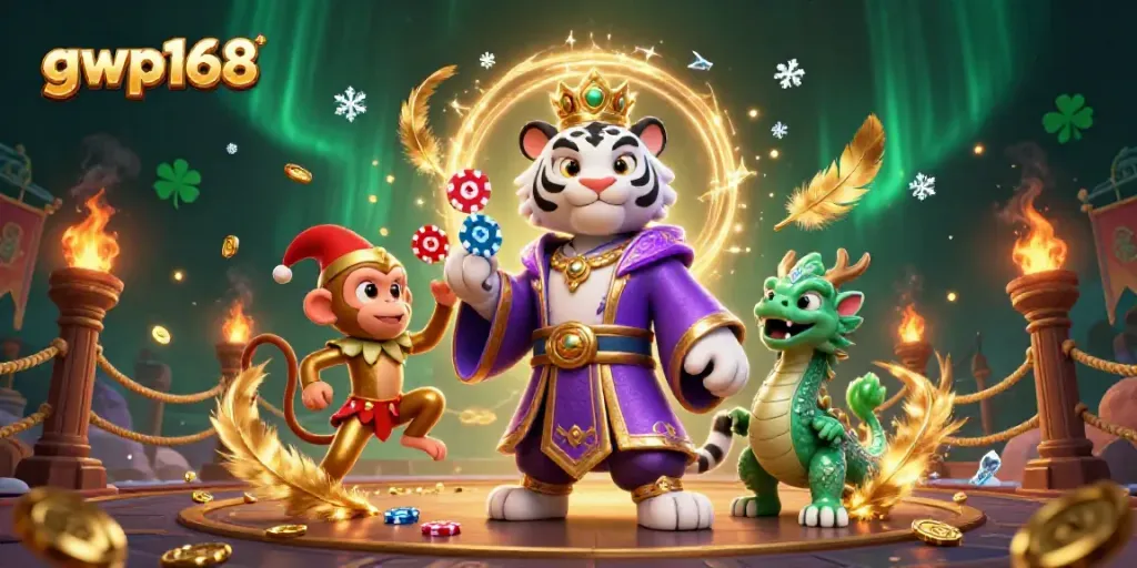 GWP168 menyajikan ilustrasi kasino sihir dengan karakter tumpukan chip poker dan naga