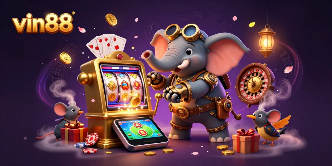 Spin the slot reels with vin88 while a steampunk elephant operates a golden machine.