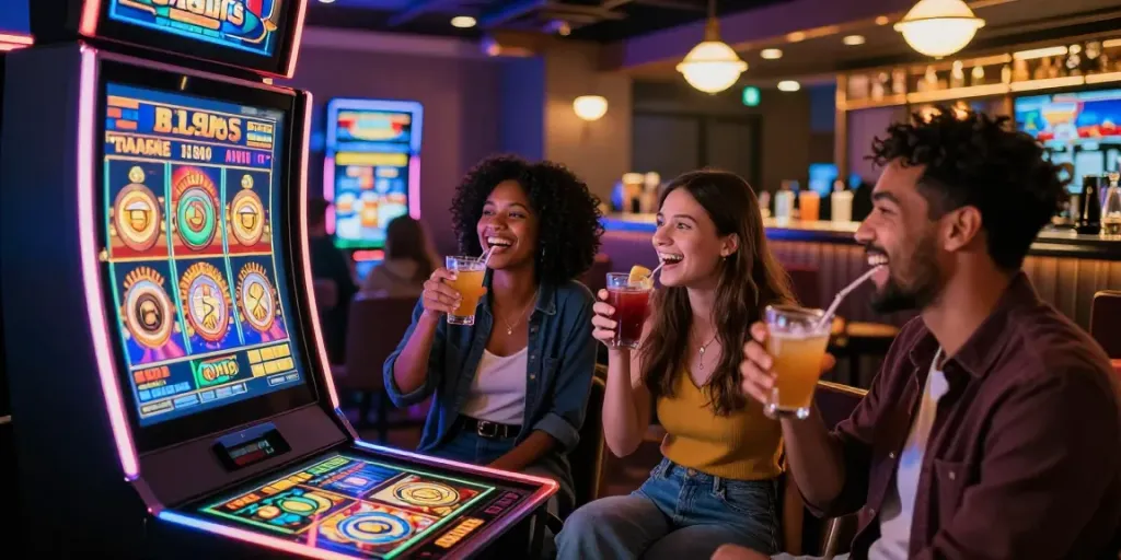 Friends enjoying slot888 gaming in a lively casino lounge.