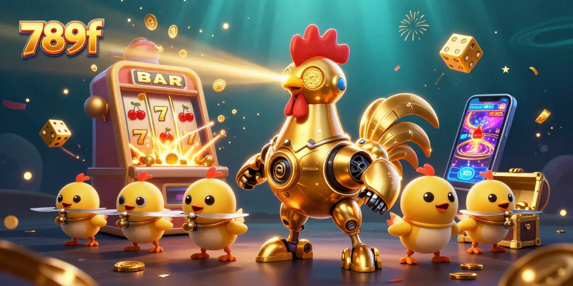 Engage in thrilling casino action with 789f as the rooster robot leads a jackpot explosion surrounded by golden treasures.