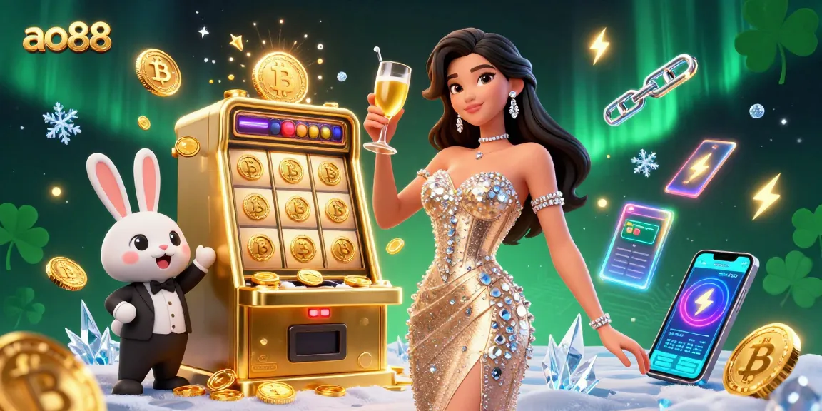Engage with ao88 by celebrating near a dazzling jackpot slot machine with golden coins.