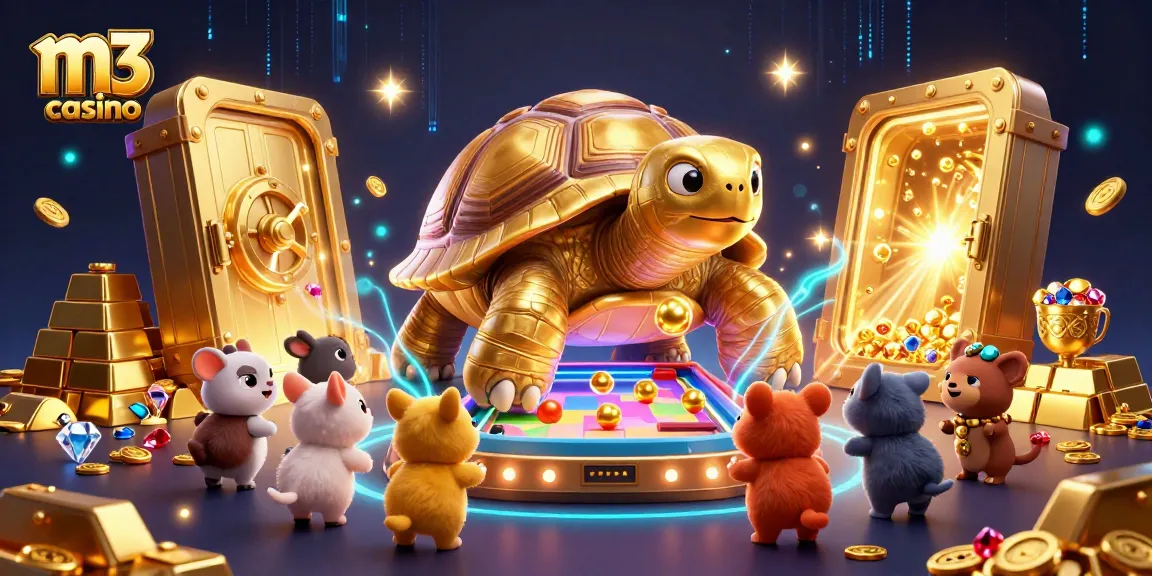 Engage in thrilling games at m3 casino with a towering golden tortoise pinball machine.
