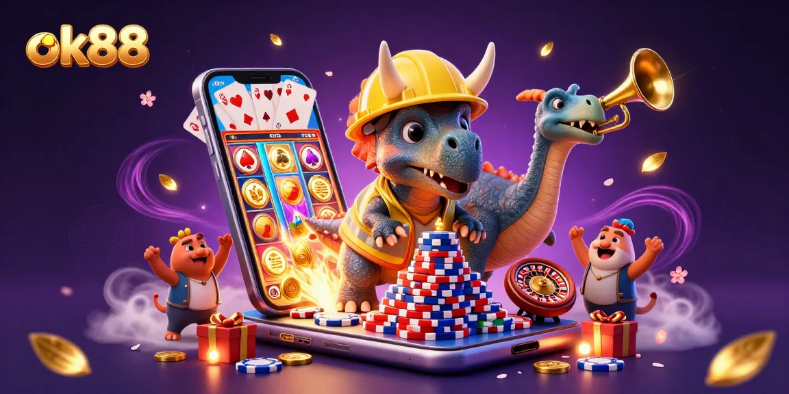 Celebrate wins with ok88 featuring cartoon dinosaurs building poker chip pyramids at a vibrant casino.