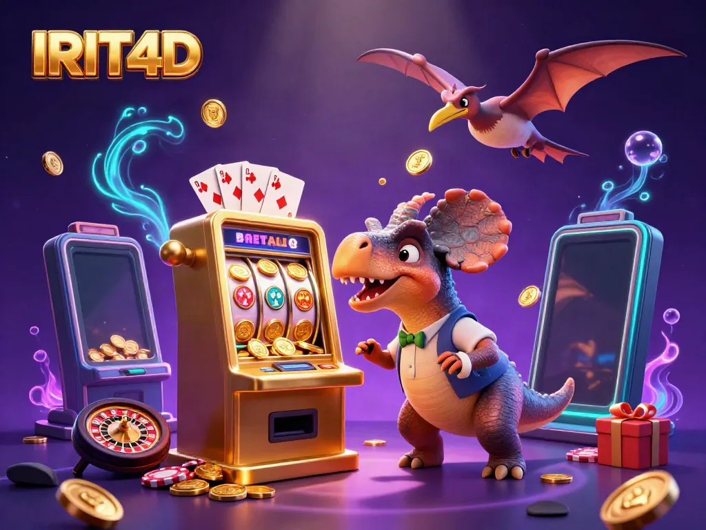 Experience thrilling moments with IRIT4D as a pachycephalosaurus triggers jackpot coins from a golden slot machine.