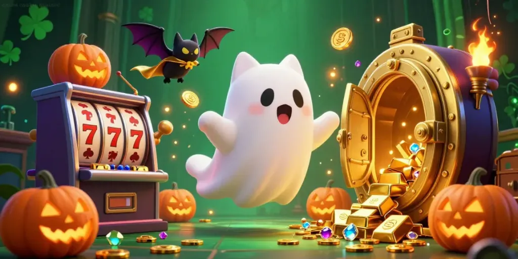 Engaging scene featuring a ghost cat and bat in a haunted casino, showcasing online casino thailand entertainment.