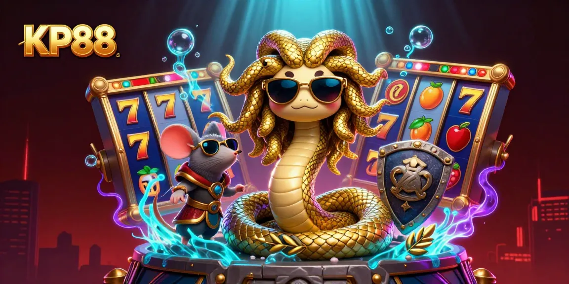 KP88 showcases a lively gaming scene with Medusa and vibrant slot machine elements.