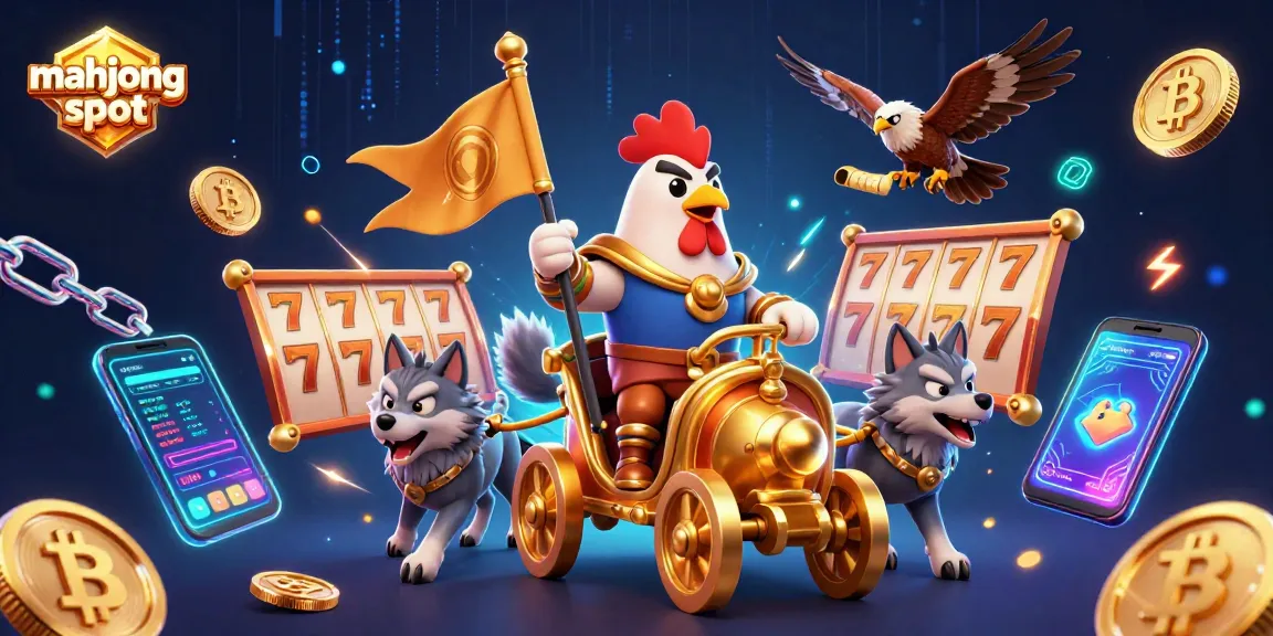 Experience the mahjong slot thrill with a dynamic 3D illustration featuring a rooster warlord and glowing elements.