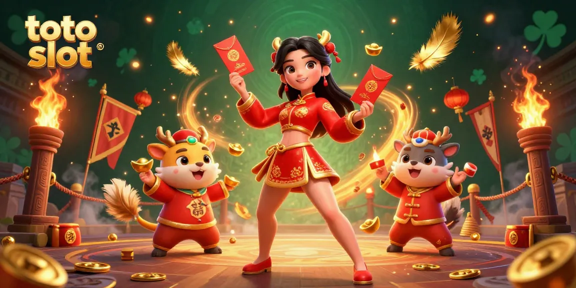 Engage with toto slot amidst vibrant casino atmosphere featuring dynamic characters and celebratory elements.