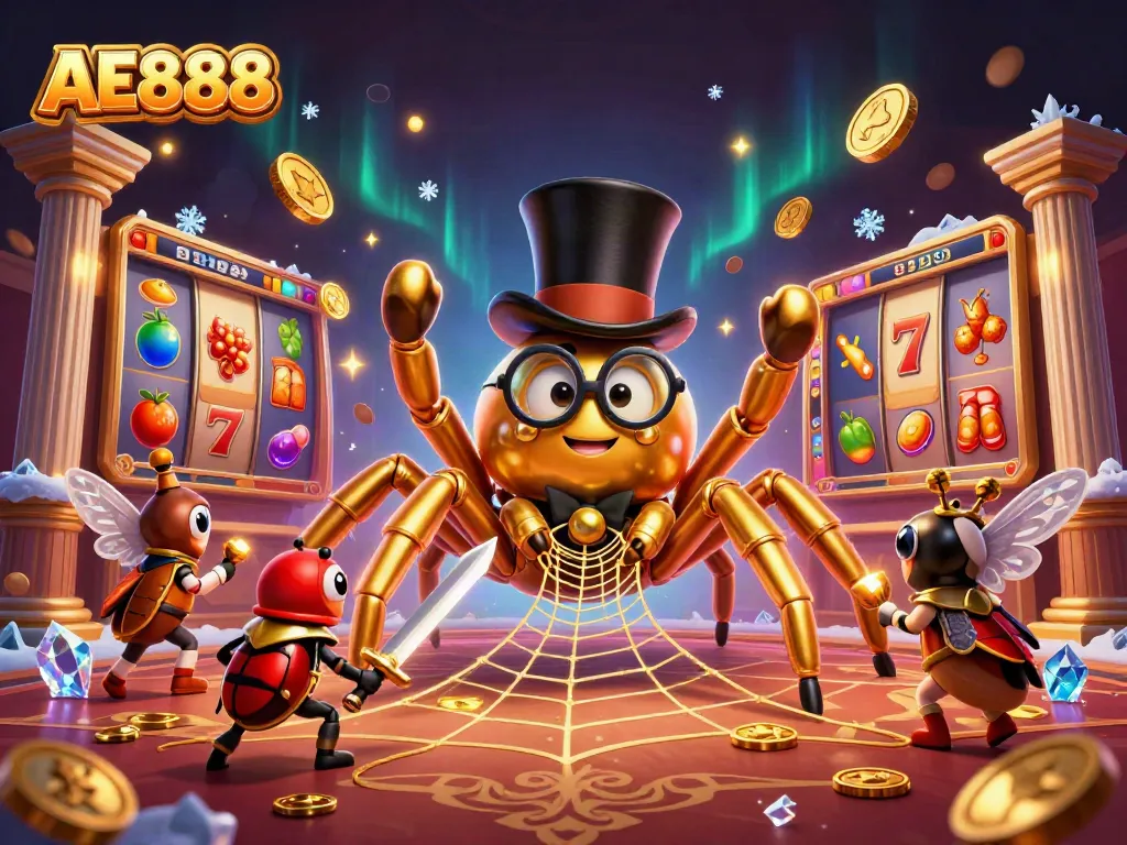 Engage with AE888's thrilling casino experience featuring a golden tarantula and a brave beetle knight.