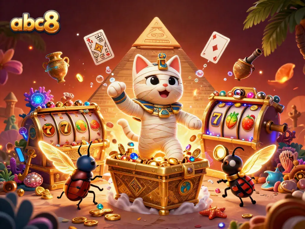 Experience thrilling casino action with abc8 in this vibrant 3D illustration of a mummy cat and scarab.