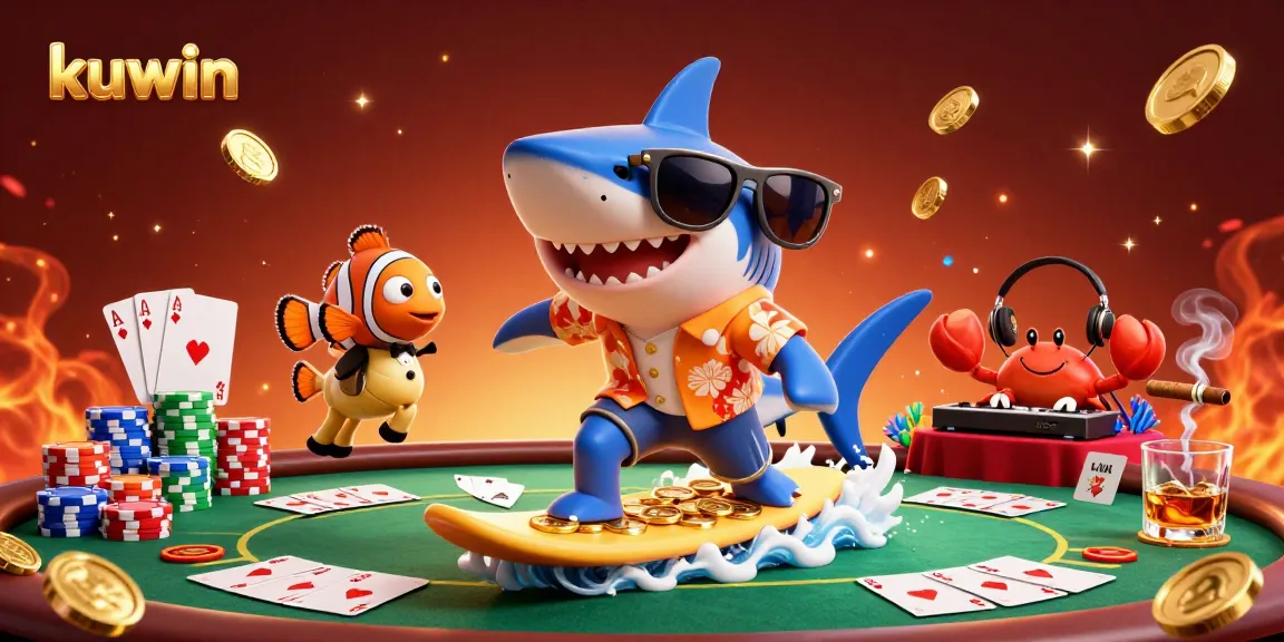 Kuwin showcases an exciting 3D casino scene with a shark surfing gold coins, bringing vibrant gambling energy to life.