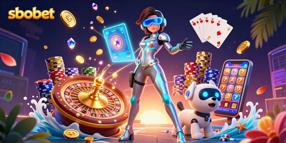 Sbobet sports betting scene with futuristic characters, holographic interface, and vibrant gambling elements