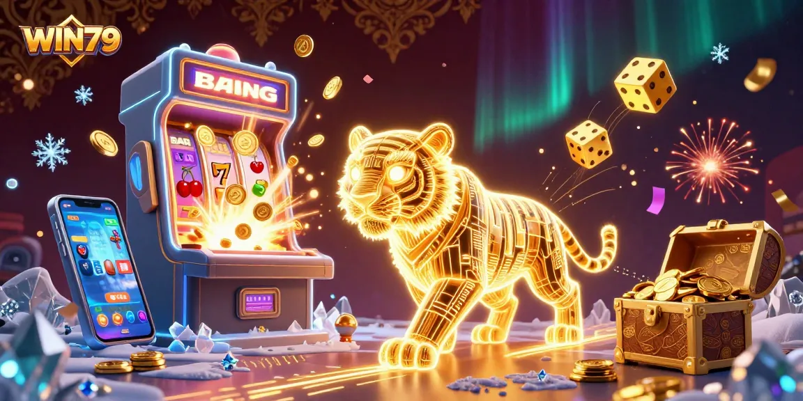 WIN79 reveals excitement with a golden tiger and a jackpot explosion in a vibrant casino scene.