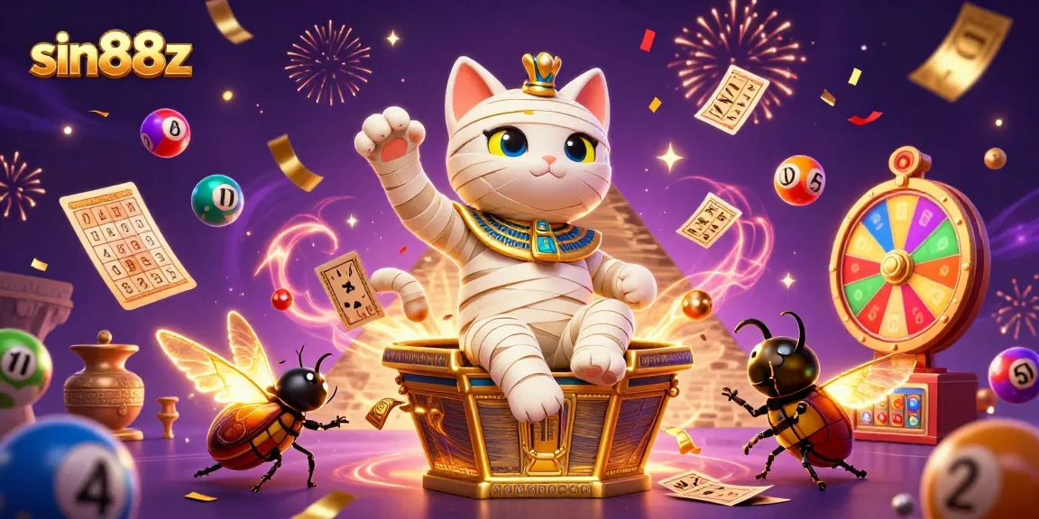 Experience thrilling gameplay at sin88z with a vibrant 3D illustration of an Egyptian mummy cat and dynamic casino elements.