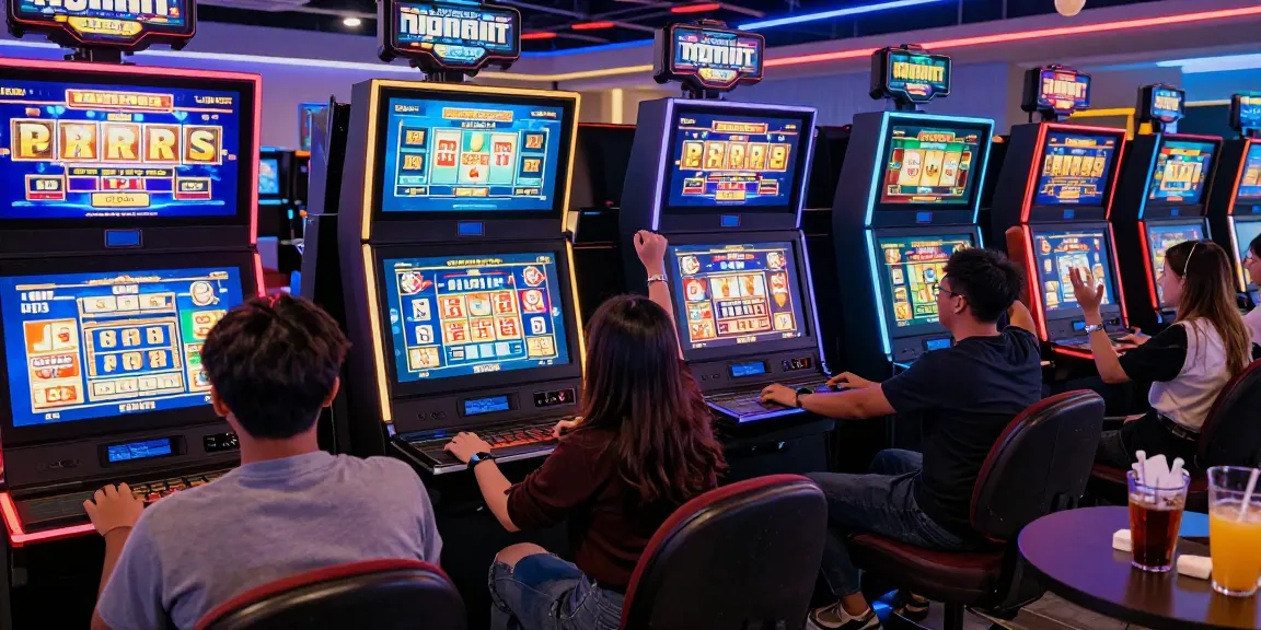 Exciting online gaming experience at ngamenjitu with diverse players enjoying slots and lottery games in a modern lounge.