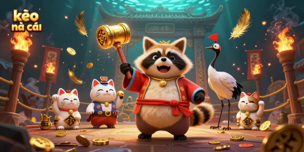Engage with kèo nhà cái featuring cheerful tanuki and samurai crane in a vibrant casino scene.