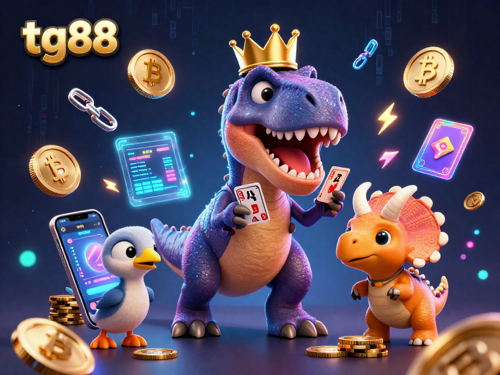 Engage with tg88 through a vibrant casino scene featuring a T-Rex and friends in action.