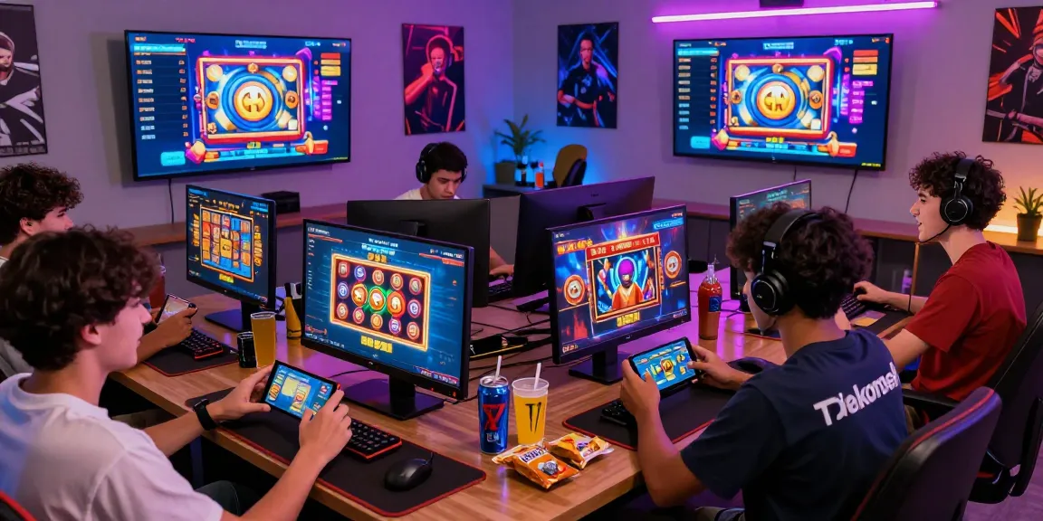Excited players engaging in online slot games without deposit cuts, showcasing deposit pulsa tanpa potongan.
