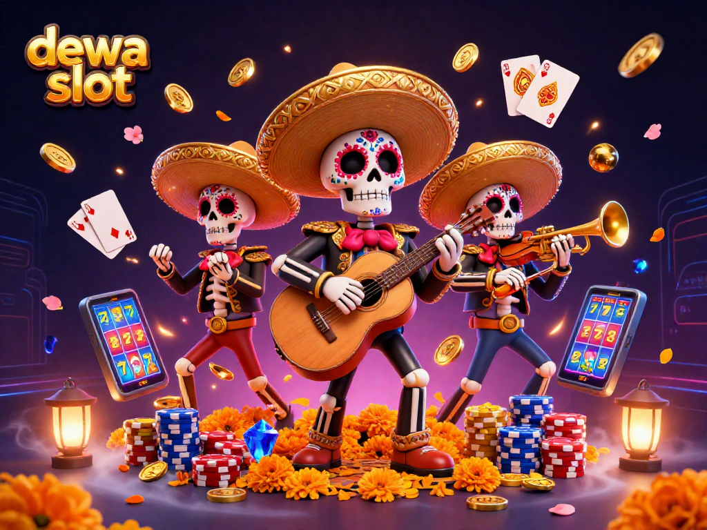 Engage with dewa slot as you immerse in vibrant casino action with colorful mariachi skeletons.