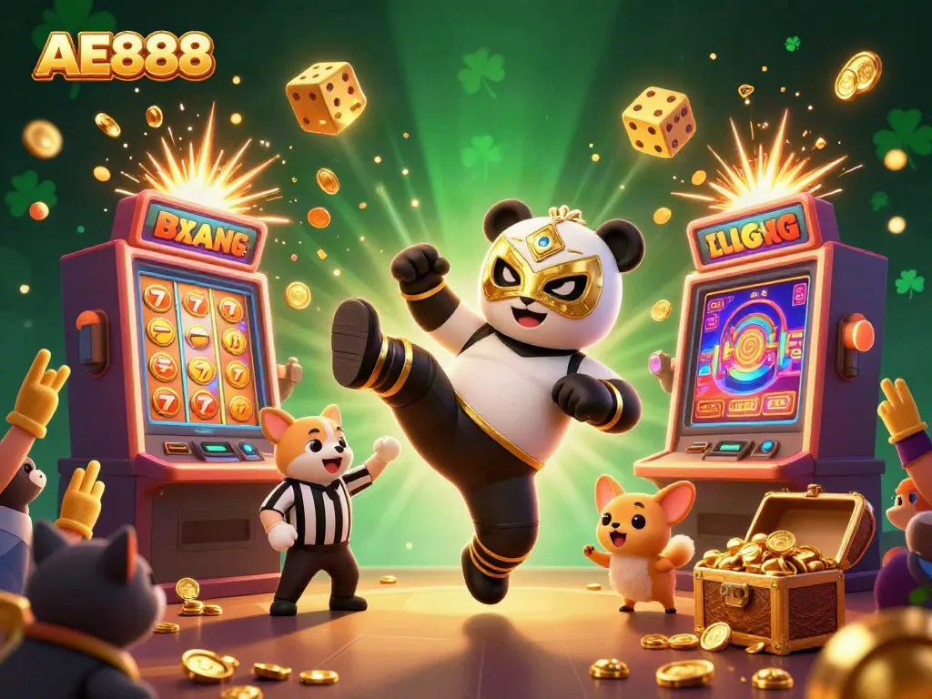 Experience the excitement at AE888 with a vibrant casino scene showing a wrestling panda in action.