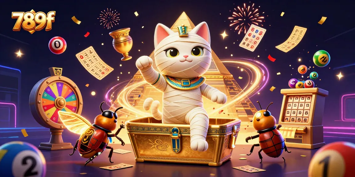 Engage with 789f's thrilling casino atmosphere featuring a cartoon mummy cat and vivid gaming elements.