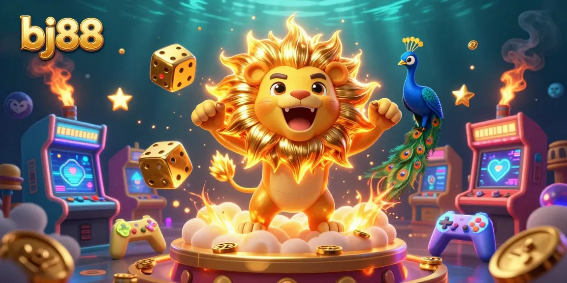 Join bj88 for thrilling online gaming experiences with vivid illustrations of sun lion and golden dice.