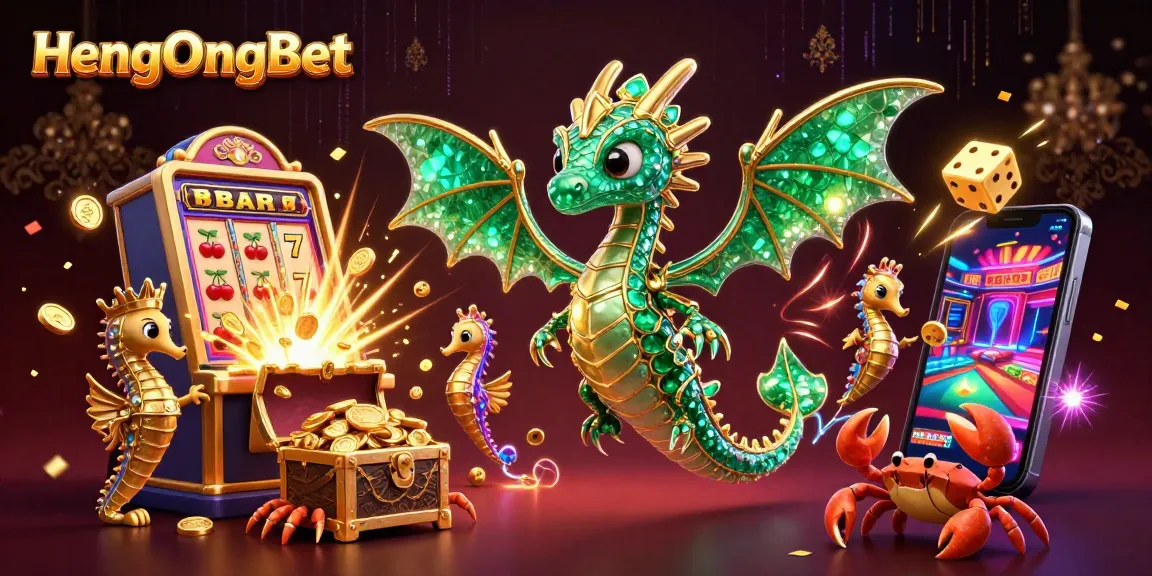 Experience excitement at HengOngBet with vibrant 3D casino illustration depicting a dragon, seahorse guards, and jackpot symbols.