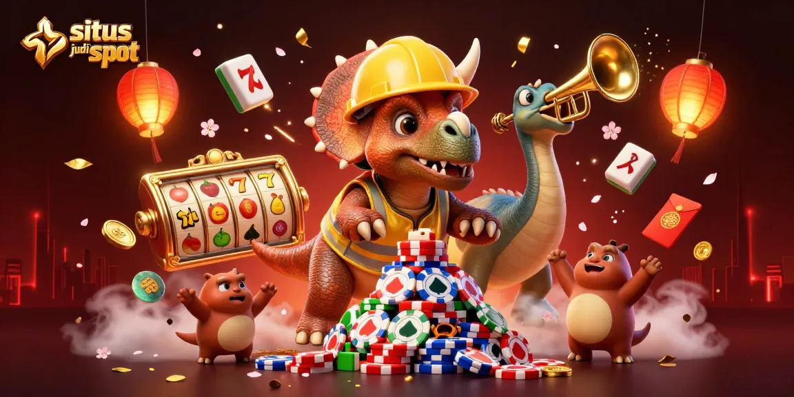 Gambarlah situs judi slot dengan simbol jackpot dan karakter slot yang menggembirakan.