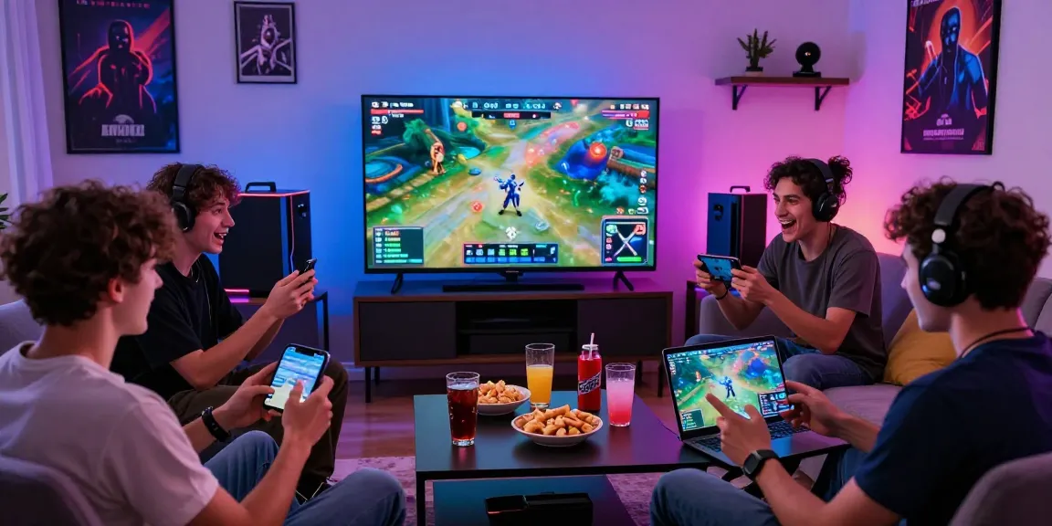Friends enjoying mposport gaming session on multiple devices with lively atmosphere and snacks