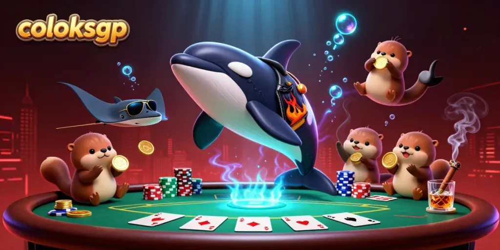 Gambarkan pengalaman bermain coloksgp dengan orca, ikan pari, dan berang-berang emas dalam ilustrasi kasino yang menarik.