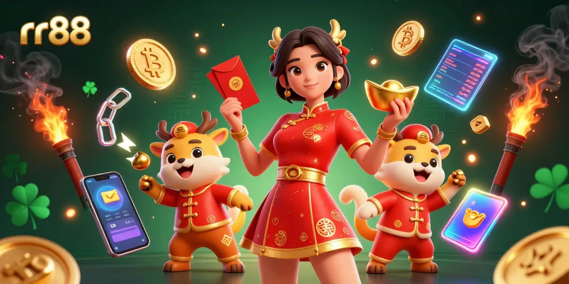 Bet and win big at rr88 with festive Asian woman, gold ingots, and crypto coins.