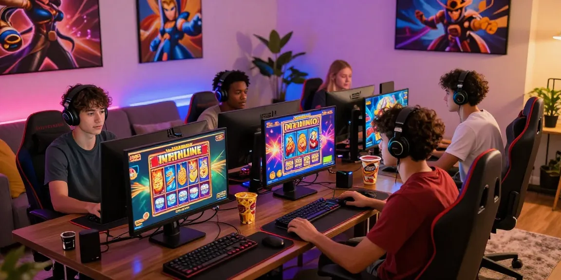 Engaged friends enjoying online slots featuring สล็อต ฝากไม่มีขั้นต่ำ in a vibrant home gaming setup.