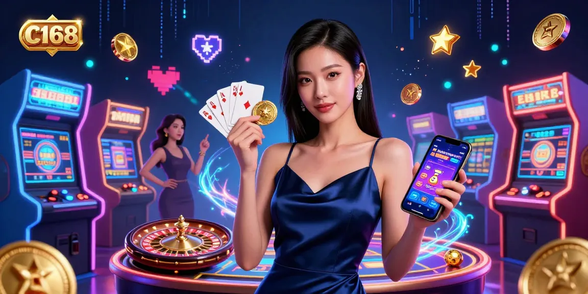 C168 elevates your gaming experience with stunning visuals, featuring a sophisticated woman engaging in casino excitement.