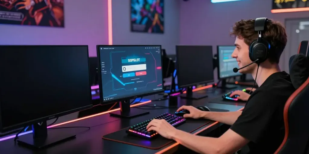 Player using SGPSLOT link login at an engaging online gaming desk with vibrant accessories.