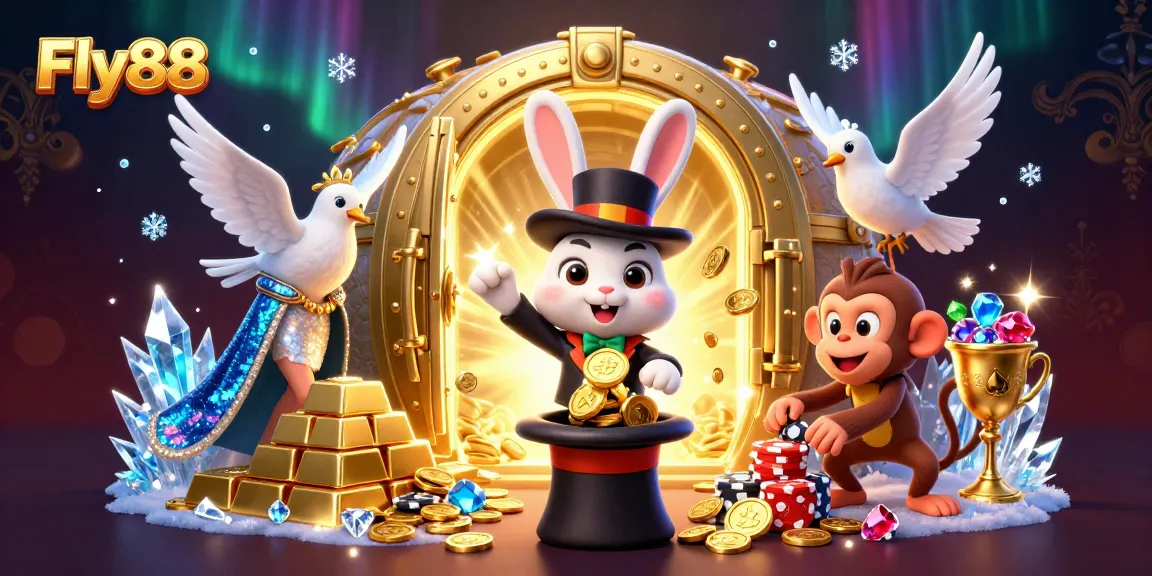 Experience the magic of Fly88 with a cartoon magician pulling coins, surrounded by vibrant gambling elements.