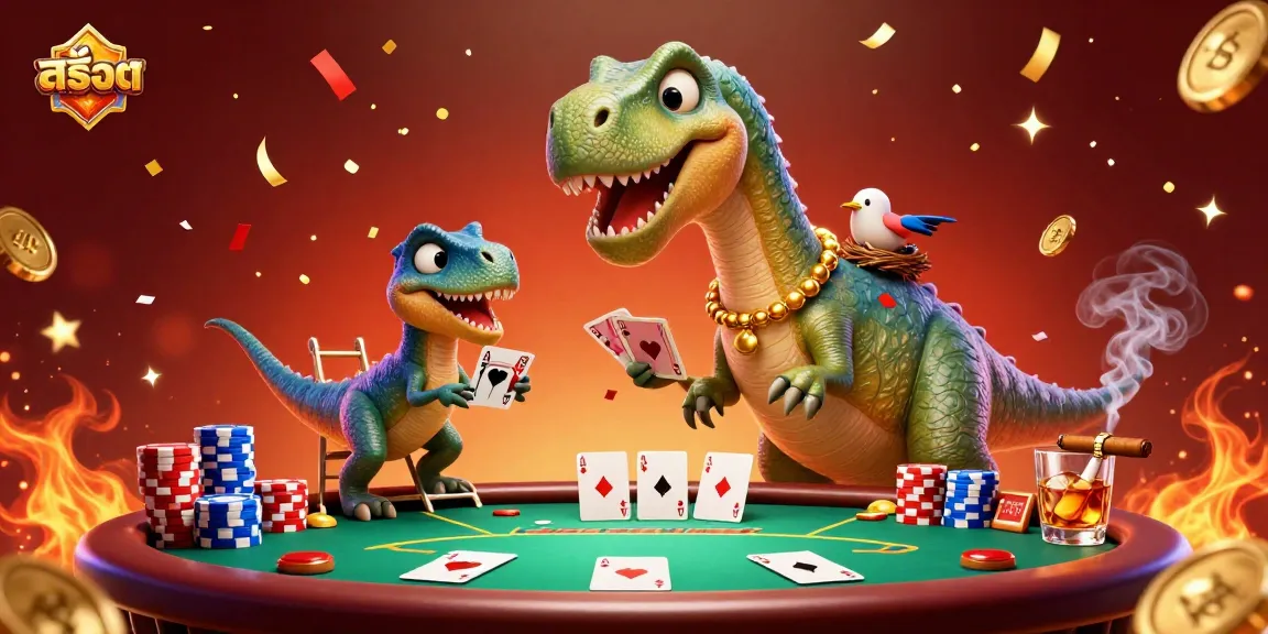 Engage with สล็อต elements in this vibrant casino scene featuring a brontosaurus and raptor dealer.