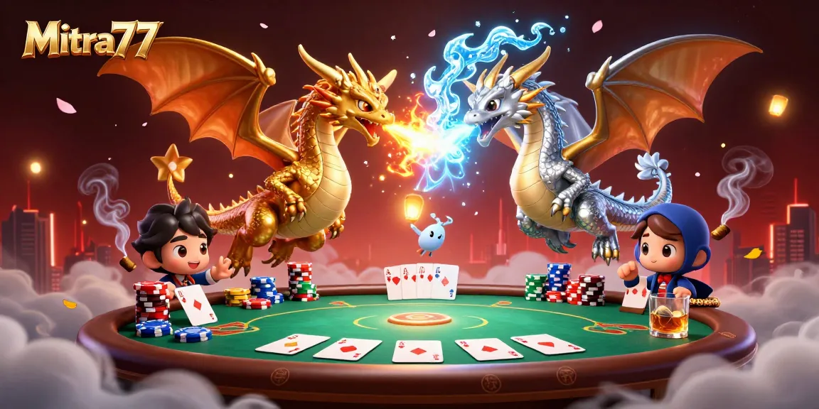 Mitra77 menghadirkan aksi seru saat bermain slot, dikelilingi oleh elemen kasino seperti meja poker, chip warna-warni, dan cahaya hangat.