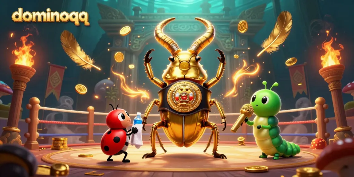 Engaging game scene featuring dominoqq with a giant beetle, ladybug, and caterpillar amidst glowing tokens and a vibrant arena.