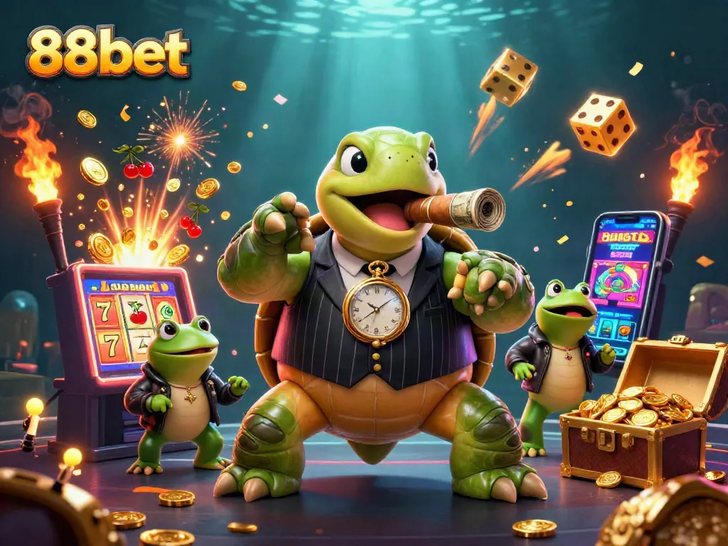 Engage with vibrant casino action featuring 88bet amidst visual excitement of slot machines and colorful game elements.