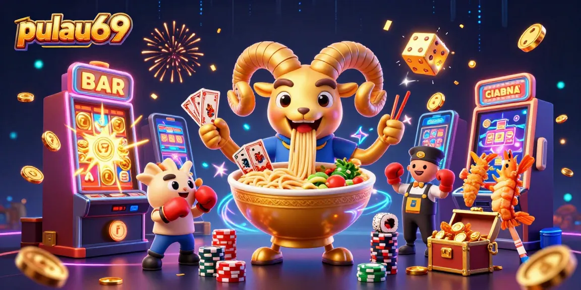Engage with pulau69's vibrant casino scene featuring colorful slot machines and playful characters.