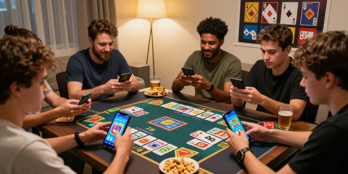 Exciting Card Rummy game scene with players using https://cardrummyapp.com.pk/ mobile app on smartphones in a cozy setting.