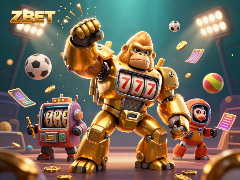 ZBET showcases an explosive scene with a golden gorilla mech and vibrant sports elements for gambling excitement.