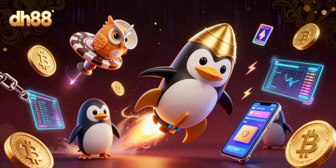 Spin the reels for rewards at dh88, featuring a golden penguin racing toward a poker chip casino.
