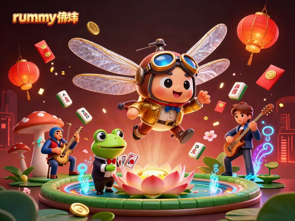 Rummy Deity mempersembahkan permainan kartu yang seru dengan croupier katak dan pemain ceria dalam ilustrasi 3D.