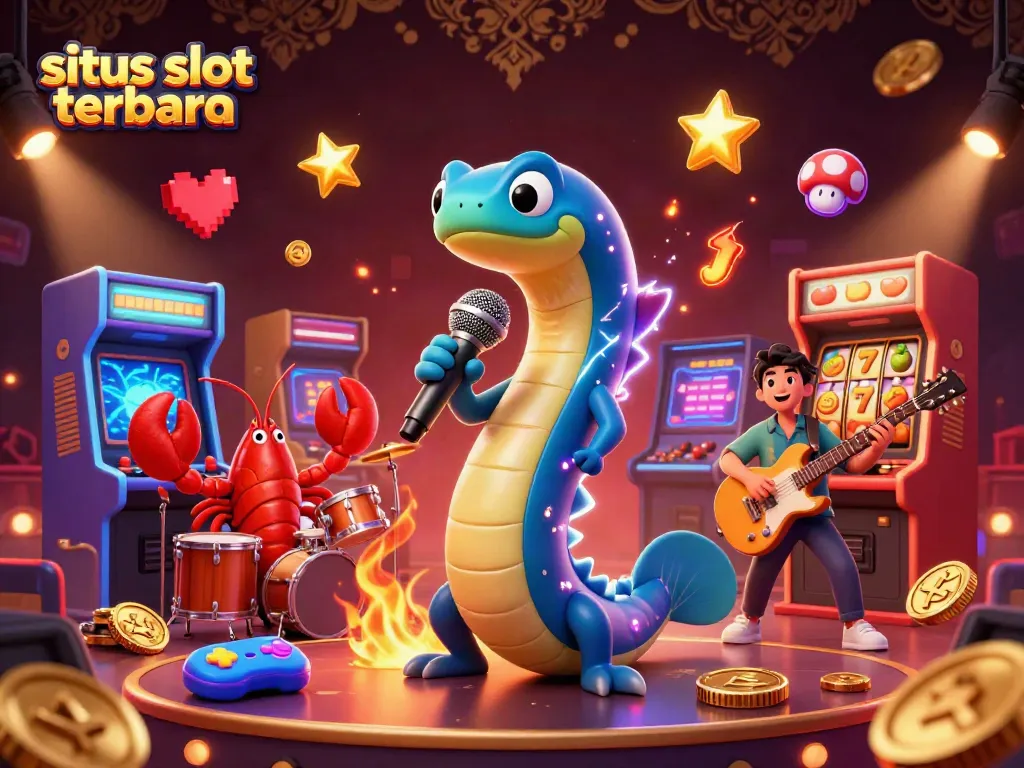 Slot terbaru di dalam ilustrasi 3D menunjukkan ular listrik DJ, lobster drummer, dan seahorse gitaris di atas panggung casino bawah laut.