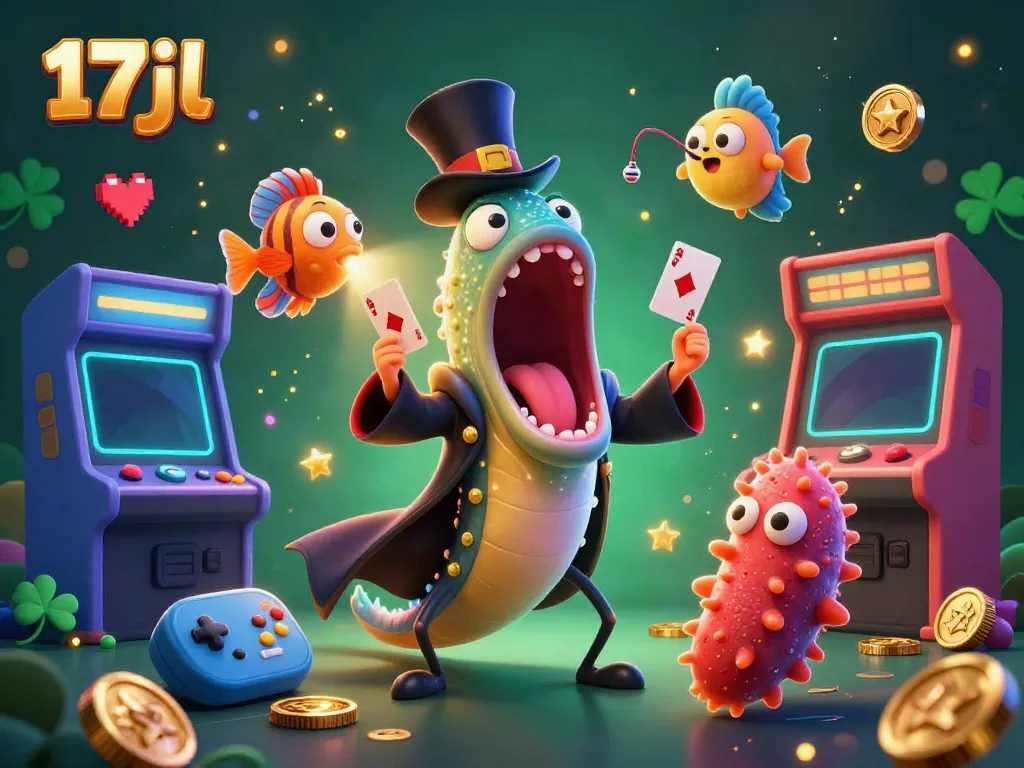 Experience 17jl excitement in a lively casino cartoon scene with gaming elements and vibrant characters.