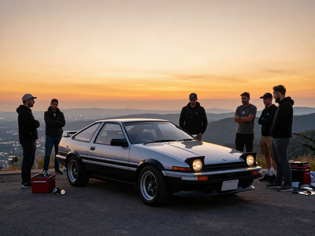 The A80 platform showcased with car enthusiasts discussing modifications at sunset.