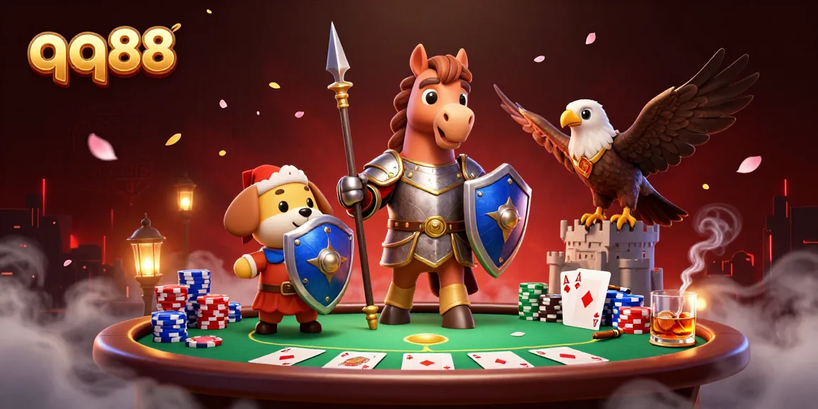 Experience the thrill of qq88 with a knight, squire, and falcon at a vibrant poker table.