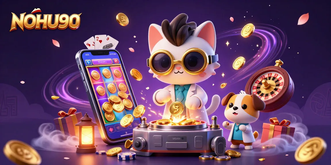 Engage with NOHU90's thrilling slot action featuring playful cartoon characters amidst vibrant gaming elements.